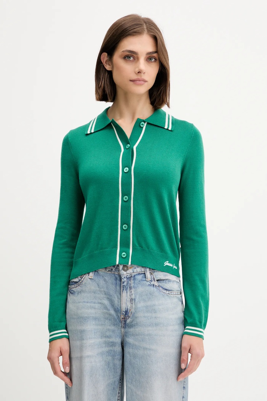 Levně Kardigan s příměsí vlny Guess Jeans dámský, zelená barva, W5YR32 Z3HO2