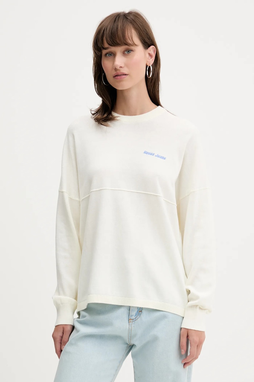 Levně Bavlněný svetr Guess Jeans dámský, béžová barva, W5YR34 Z3HM1