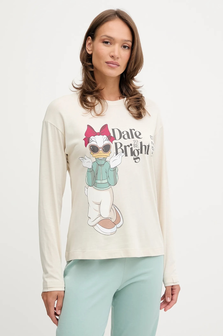 United Colors of Benetton longsleeve de pijama culoarea bej, 3Y5E3M07Q