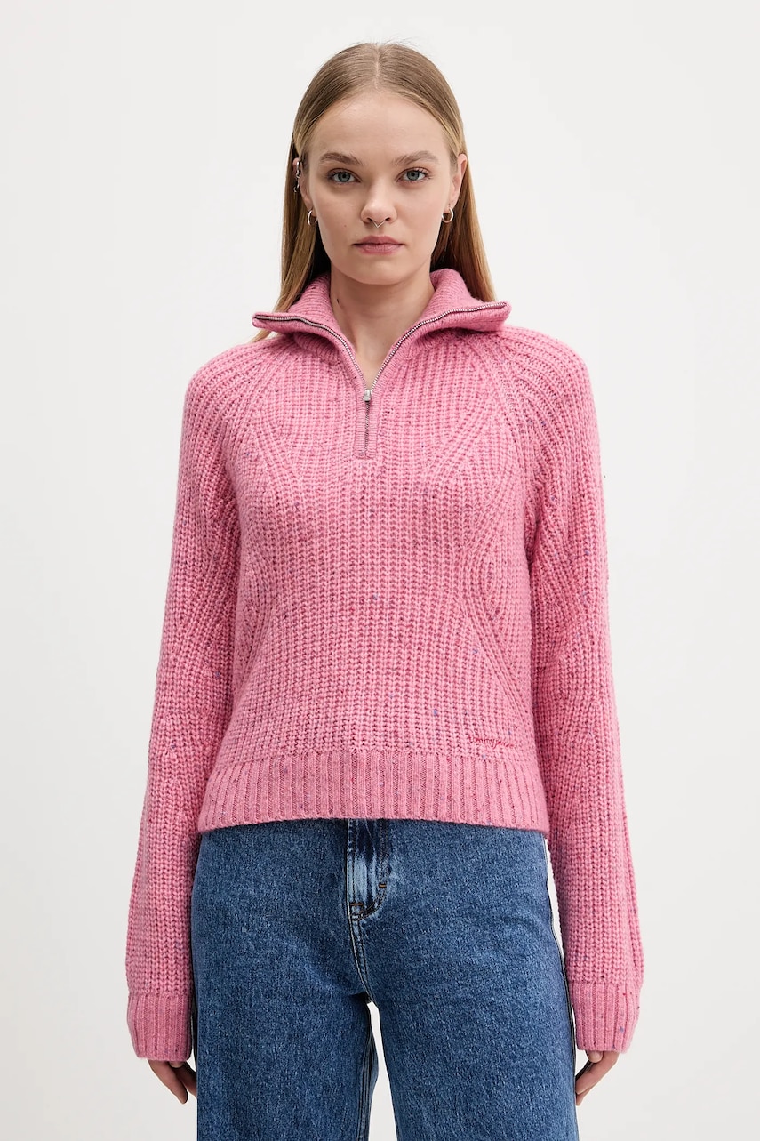 Tommy Jeans pulover din amestec de lână culoarea roz, călduros, cu guler, DW0DW21686