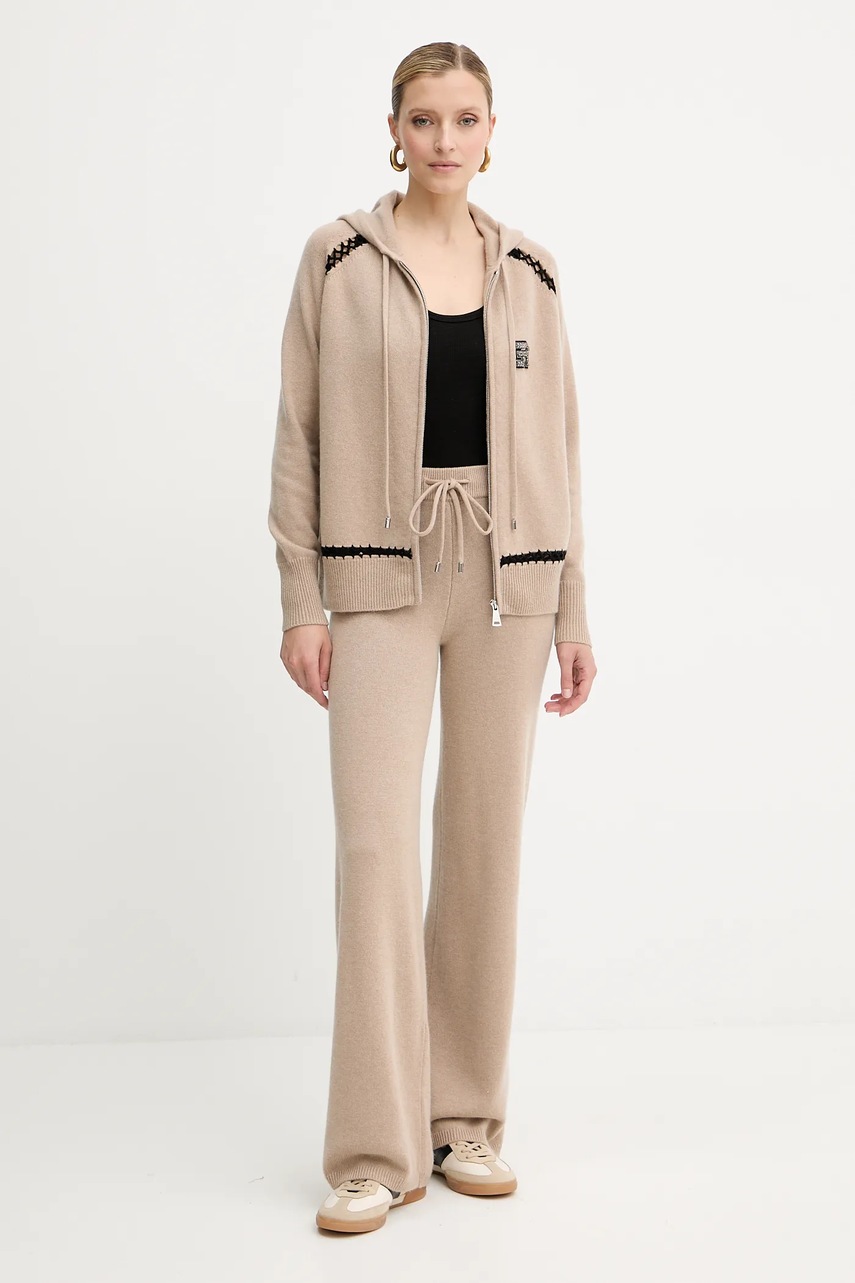 Шерстяная кофта Ermanno Scervino цвет бежевый с капюшоном с аппликацией 57TN037E54