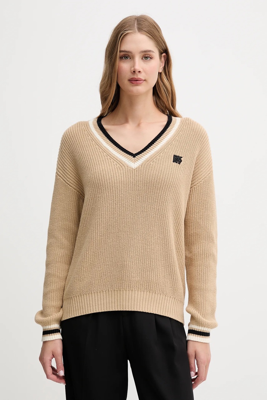 Bavlněný svetr Dkny dámský, béžová barva, DJ5R0730