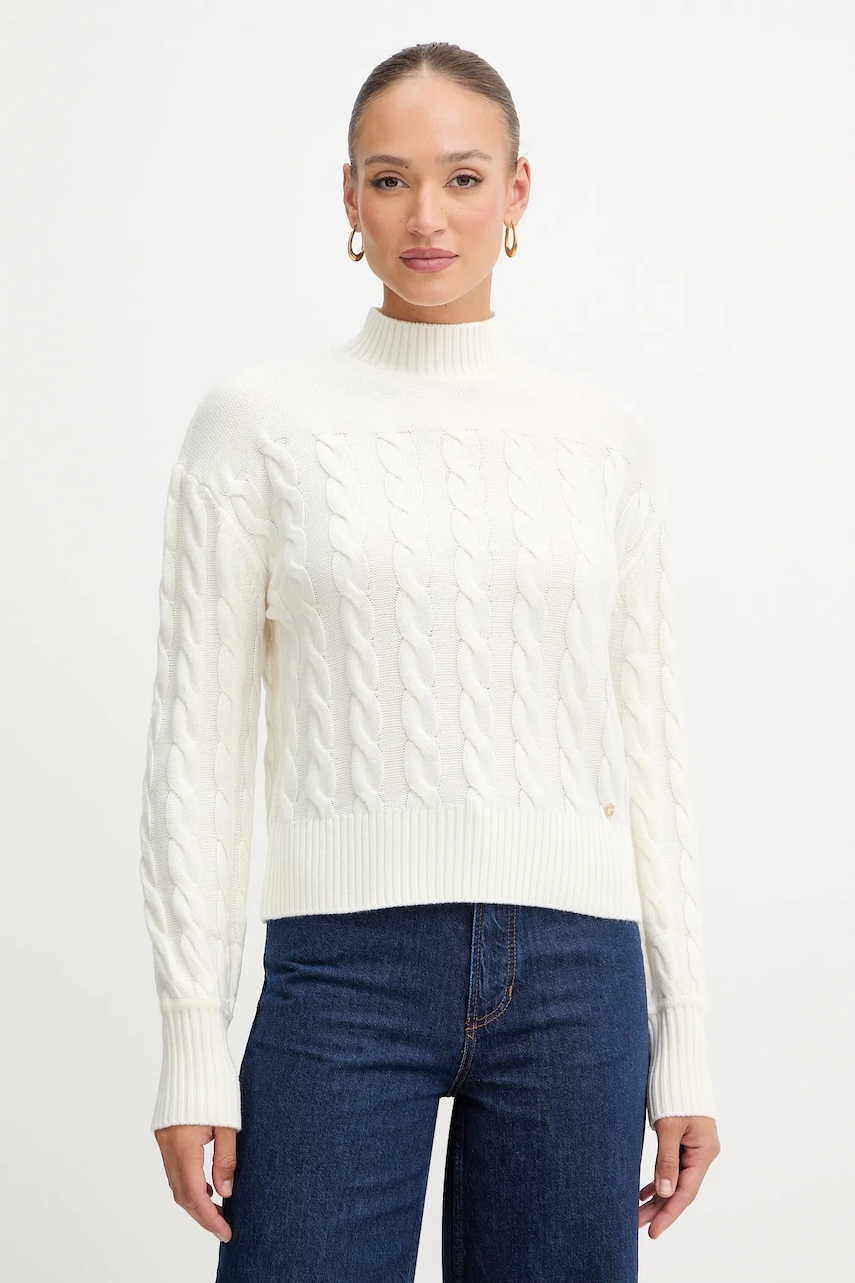 Levně Svetr s příměsí vlny Guess ELSA béžová barva, s golfem, W5BR30 Z1192