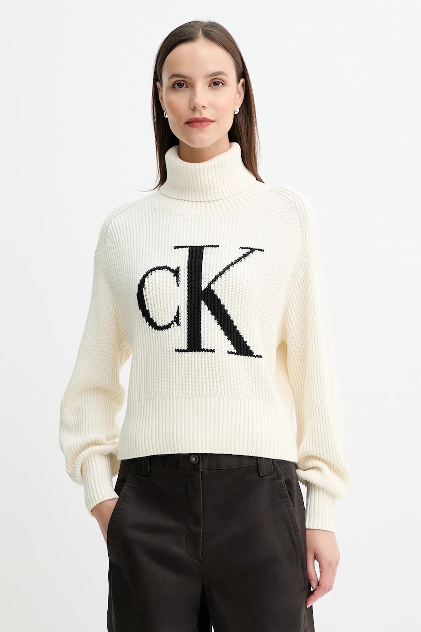 Levně Bavlněný svetr Calvin Klein Jeans dámský, béžová barva, s golfem, LV047D349G