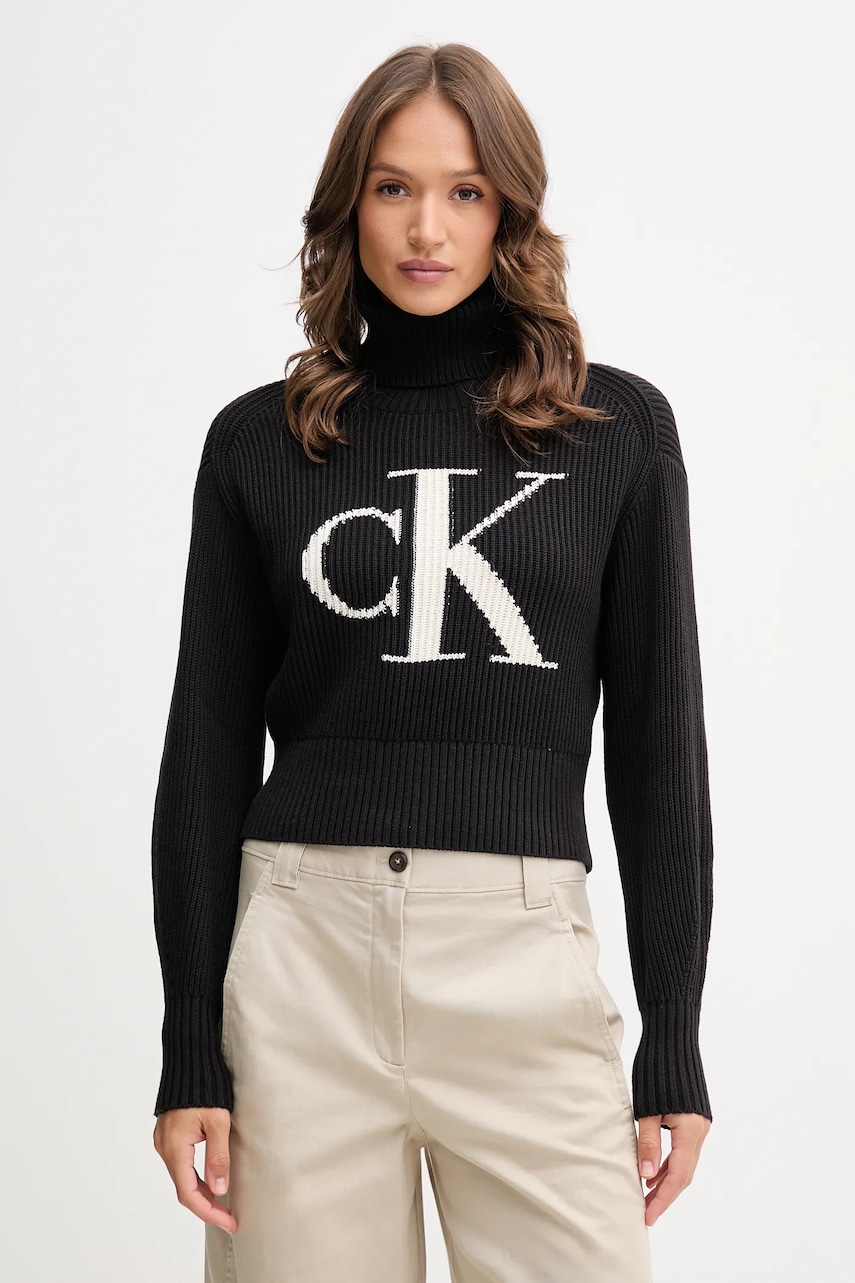 Levně Bavlněný svetr Calvin Klein Jeans dámský, černá barva, s golfem, LV047D349G