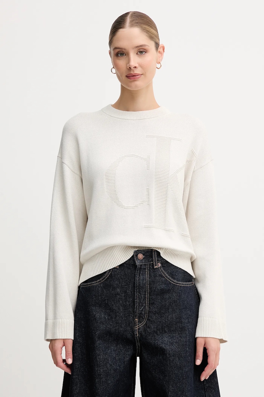 Levně Bavlněný svetr Calvin Klein Jeans dámský, béžová barva, LV047D304G