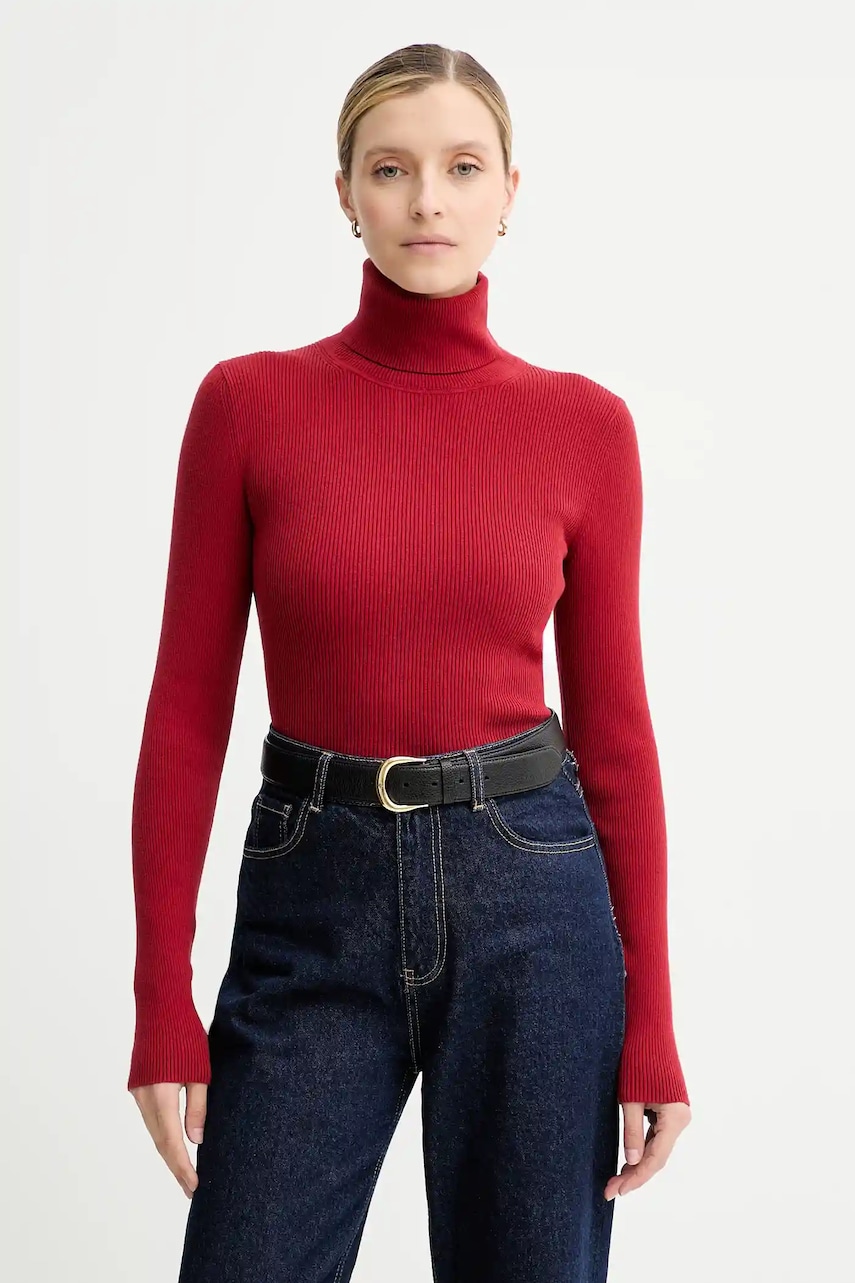 Levně Svetr Calvin Klein Jeans dámský, vínová barva, s golfem, LV047D350G