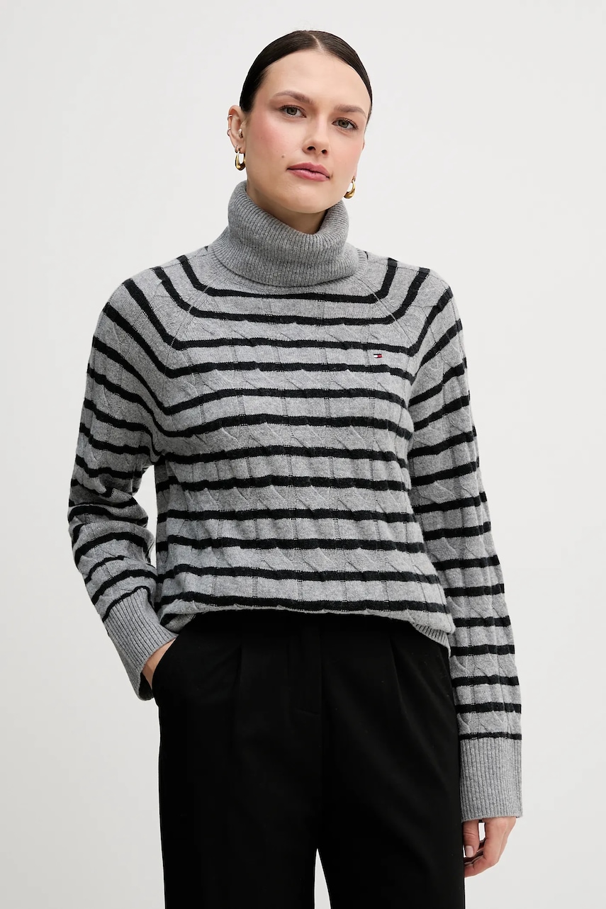 Vlněný svetr Tommy Hilfiger dámský, šedá barva, s golfem, WW0WW46791