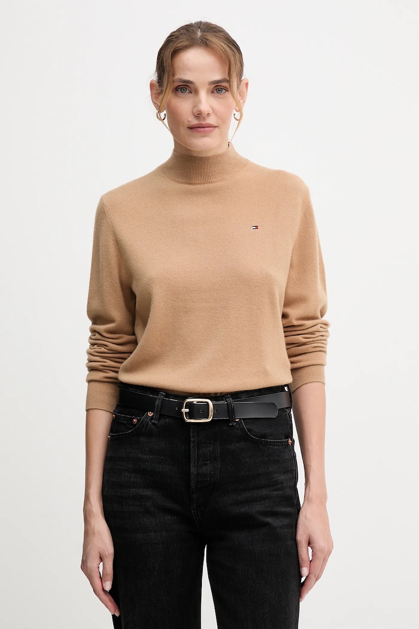 Levně Vlněný svetr Tommy Hilfiger dámský, hnědá barva, s pologolfem, WW0WW47468