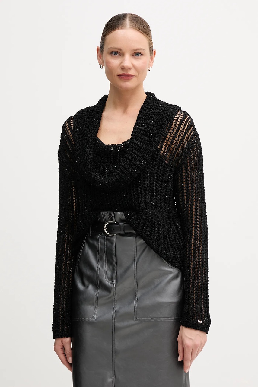 

Пуловер Tommy Hilfiger в черно от лека материя с ниско поло WW0WW46762, Черен