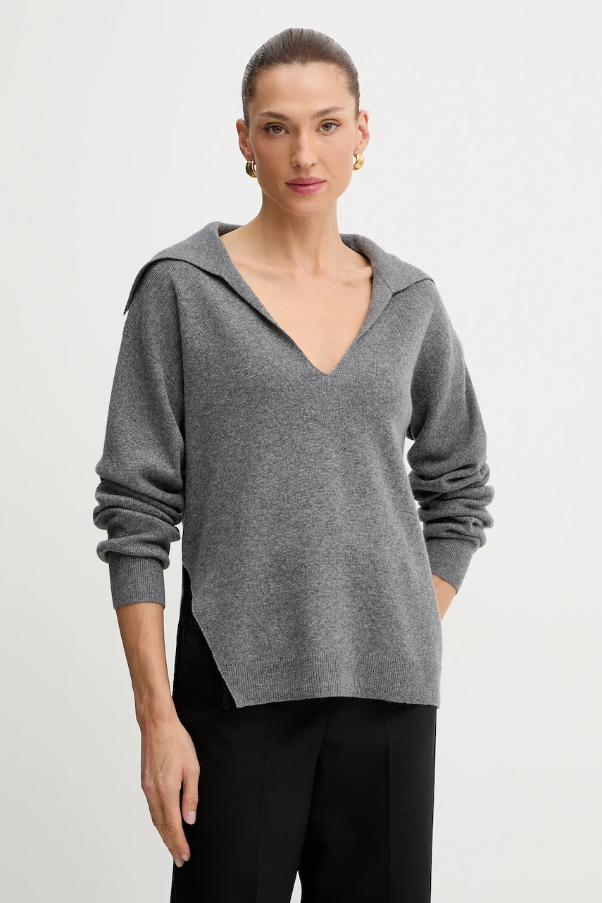 BOSS pulover de lână culoarea gri, cu guler, 50547882