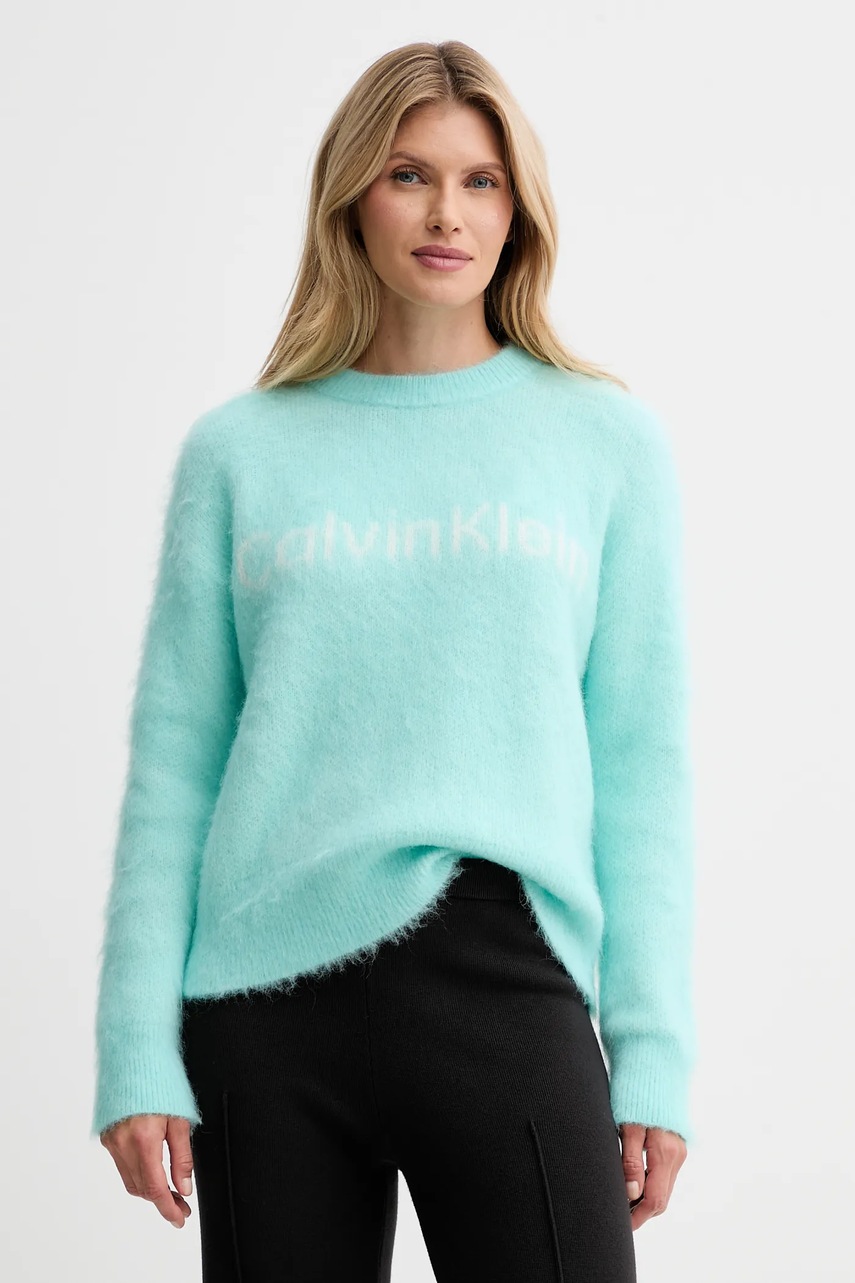 Levně Svetr s příměsí vlny Calvin Klein tyrkysová barva, LV044D359G