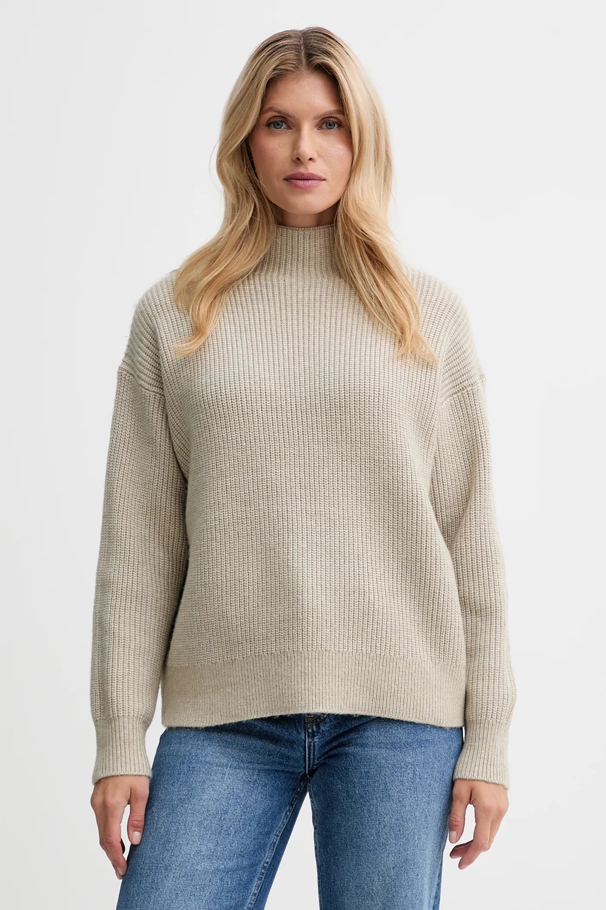 Levně Svetr z vlněné směsi Calvin Klein dámský, béžová barva, s pologolfem, LV044D365G