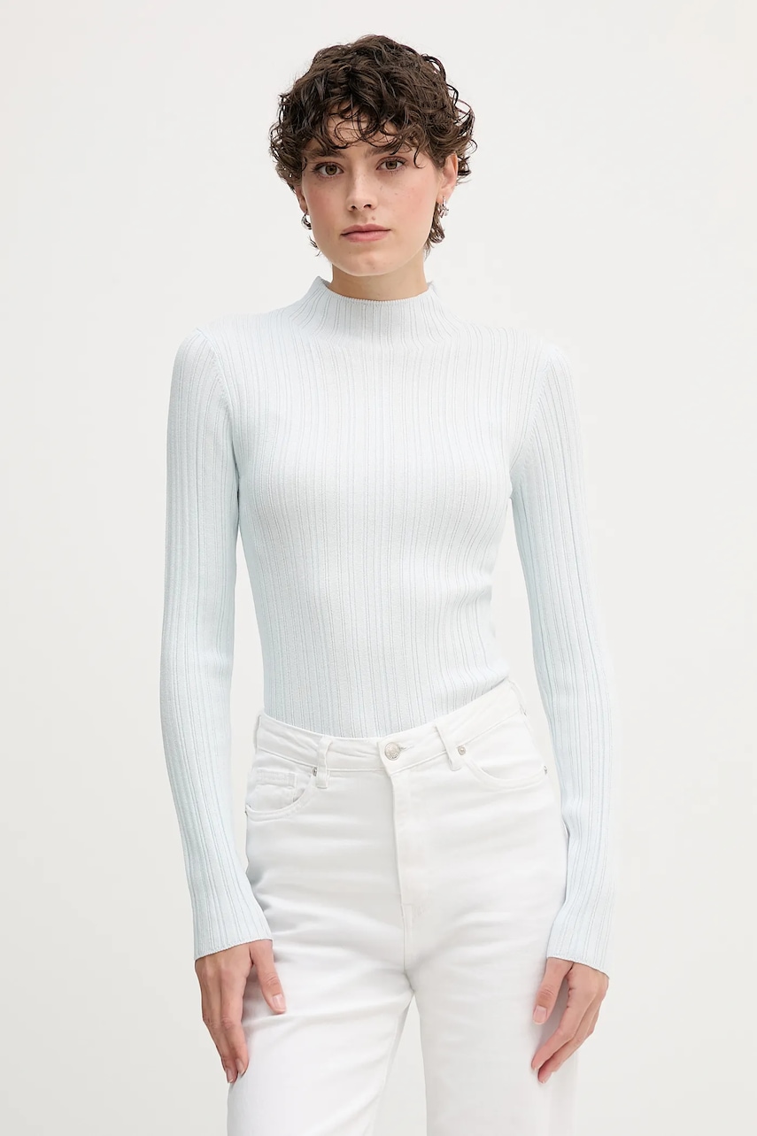 Levně Svetr Calvin Klein Jeans dámský, modrá barva, s pologolfem, LV044D348G