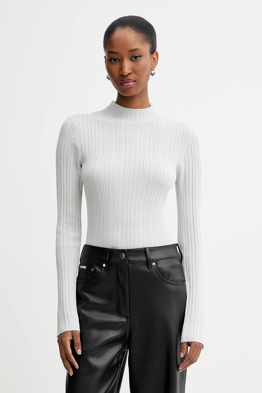 Levně Svetr Calvin Klein Jeans dámský, šedá barva, s pologolfem, LV044D348G