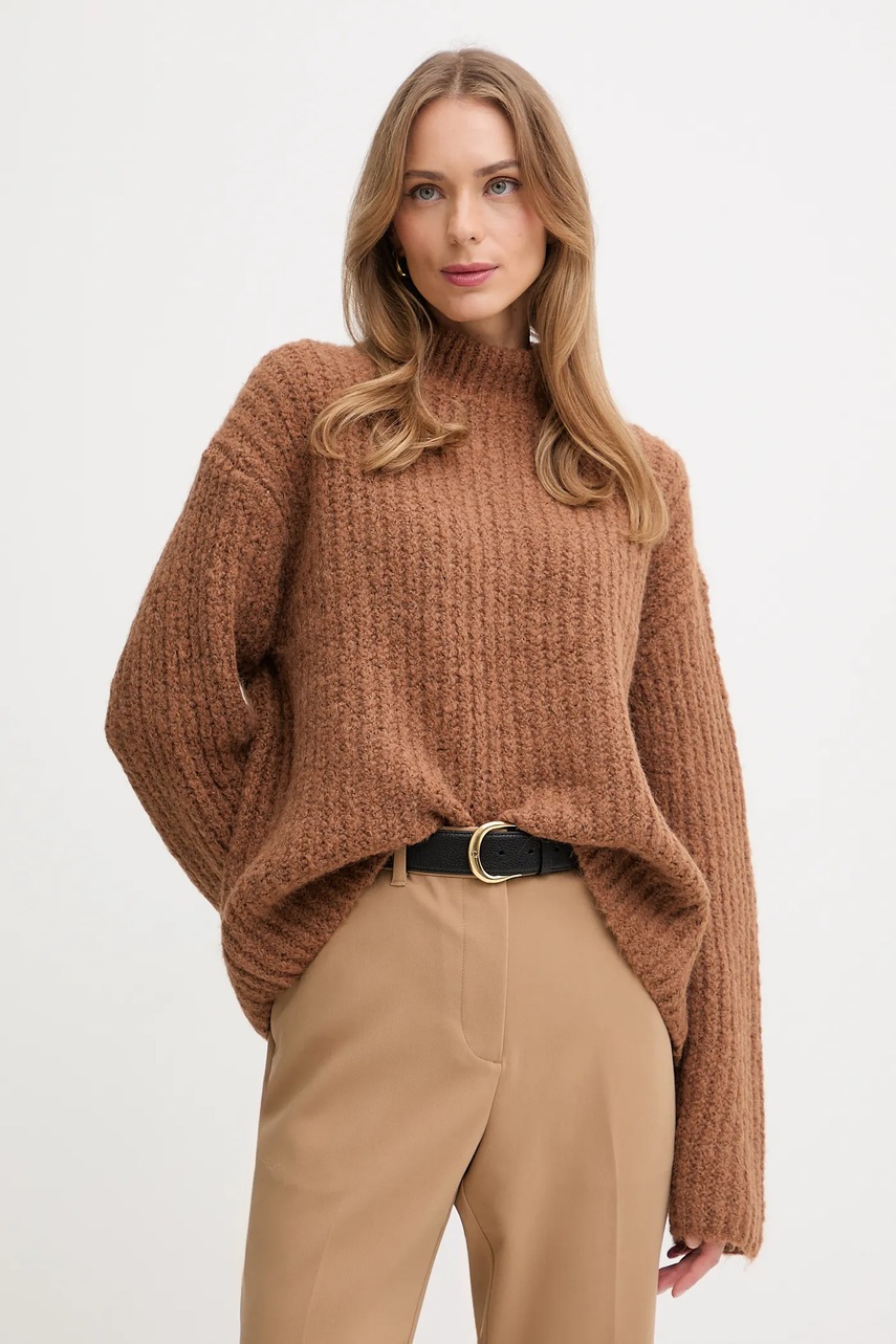 Levně Svetr Calvin Klein Jeans dámský, hnědá barva, s pologolfem, LV044D361G