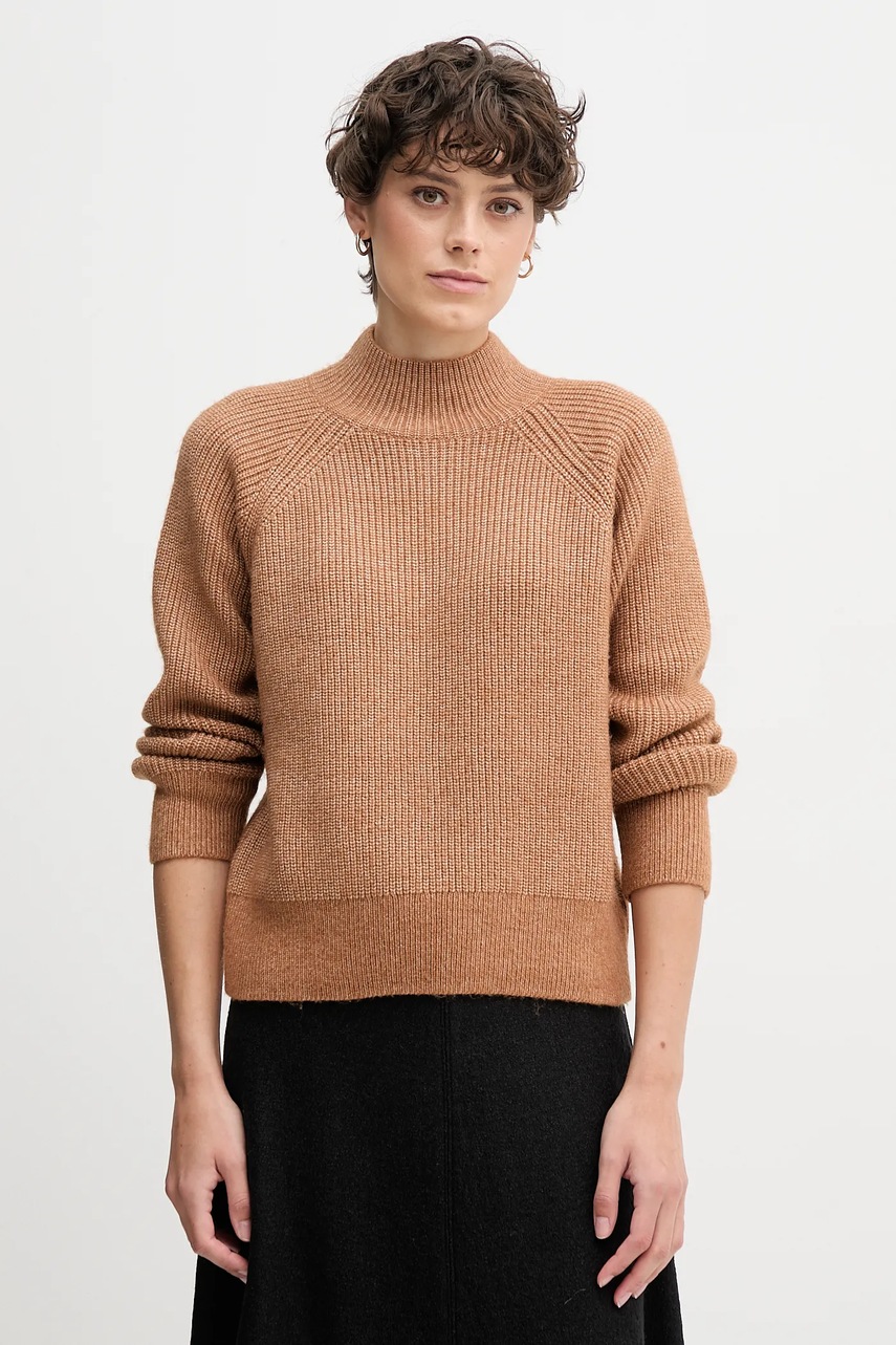 

Пуловер с вълна Calvin Klein Jeans в кафяво с ниско поло LV044D372G, Кафяв