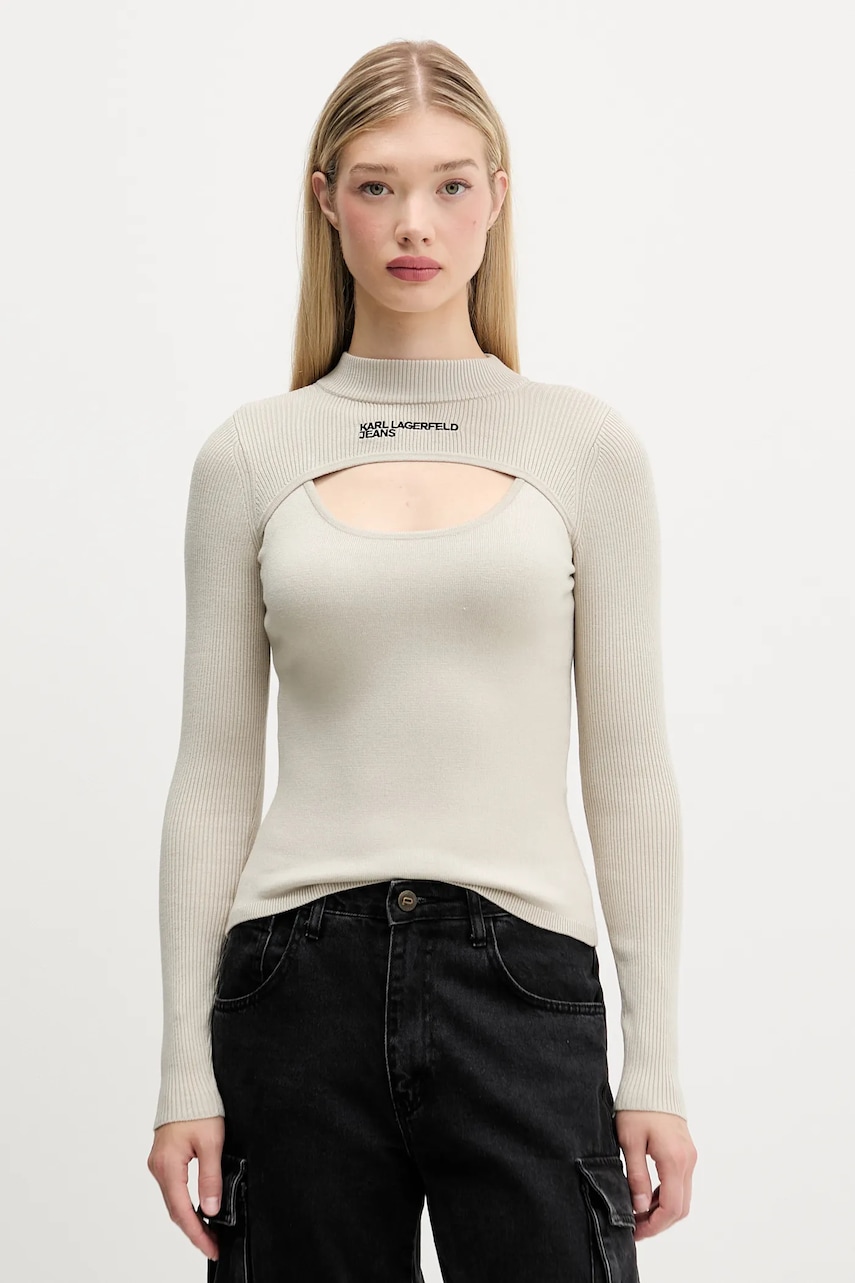 Levně Svetr Karl Lagerfeld Jeans dámský, béžová barva, s pologolfem, A4W18013