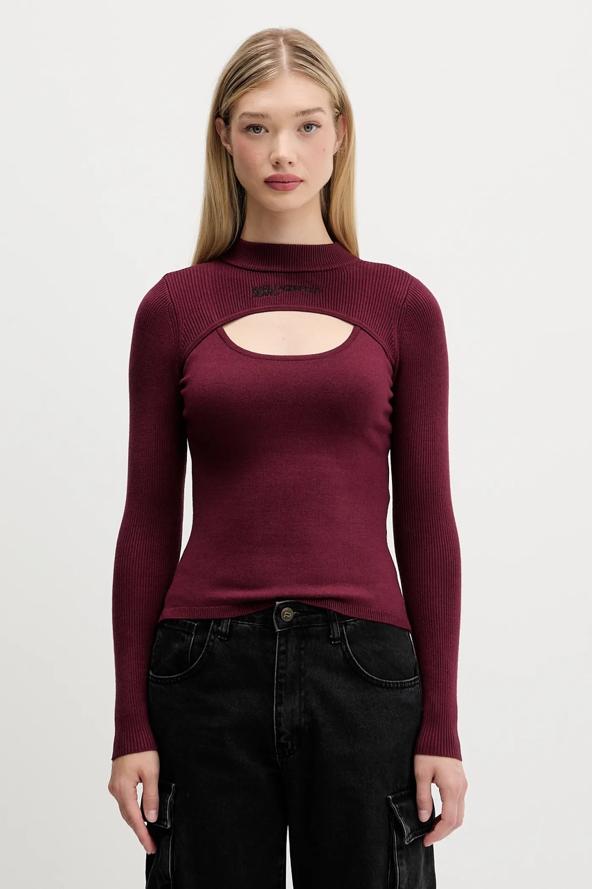 Levně Svetr Karl Lagerfeld Jeans dámský, vínová barva, s pologolfem, A4W18013