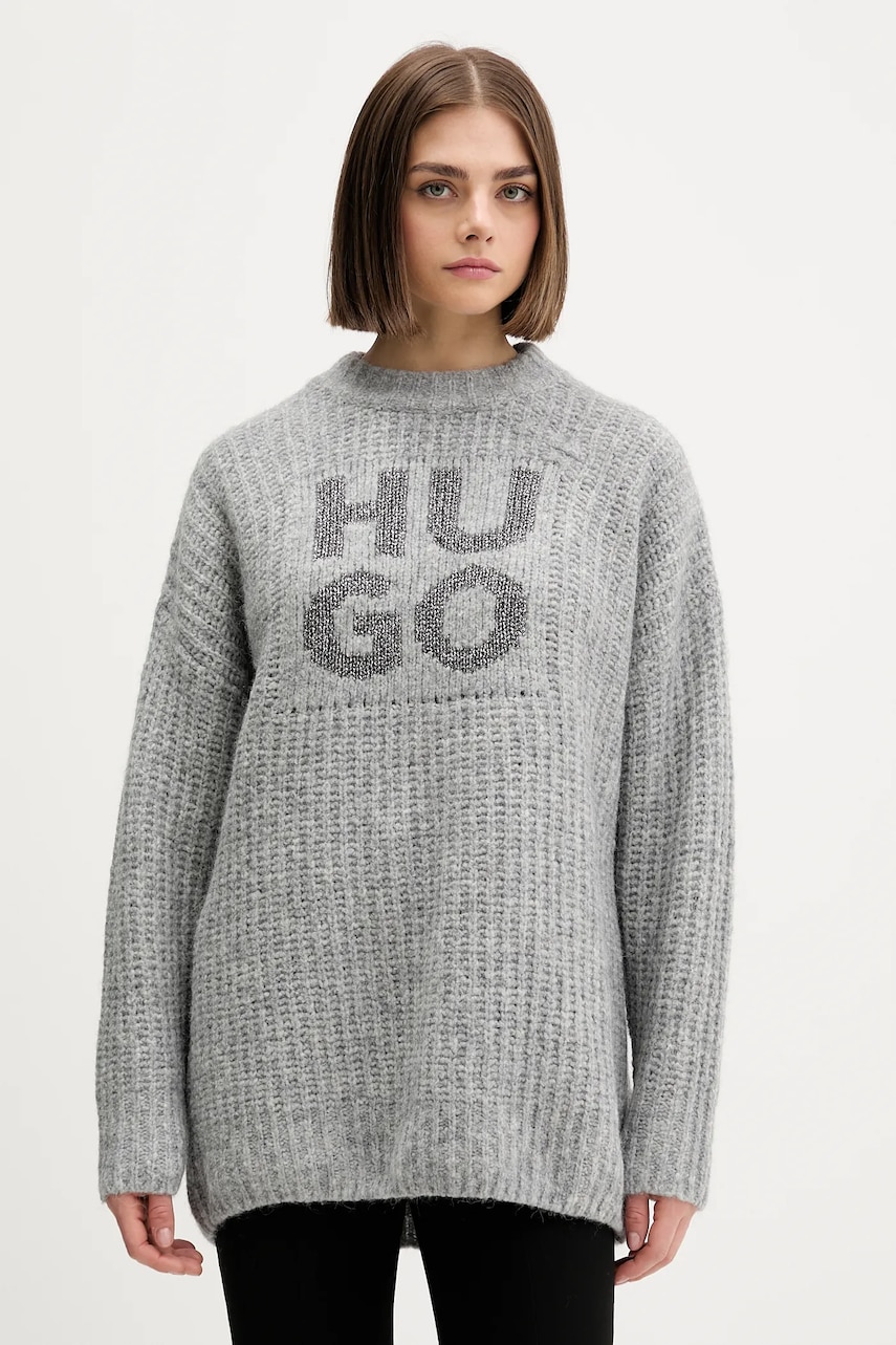 HUGO pulover din amestec de lână culoarea gri, călduros, 50548245