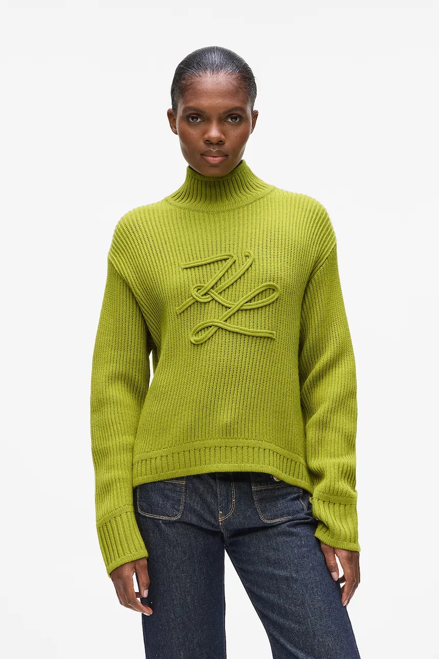 Karl Lagerfeld pulover de lână culoarea verde, cu turtleneck, A4W18051