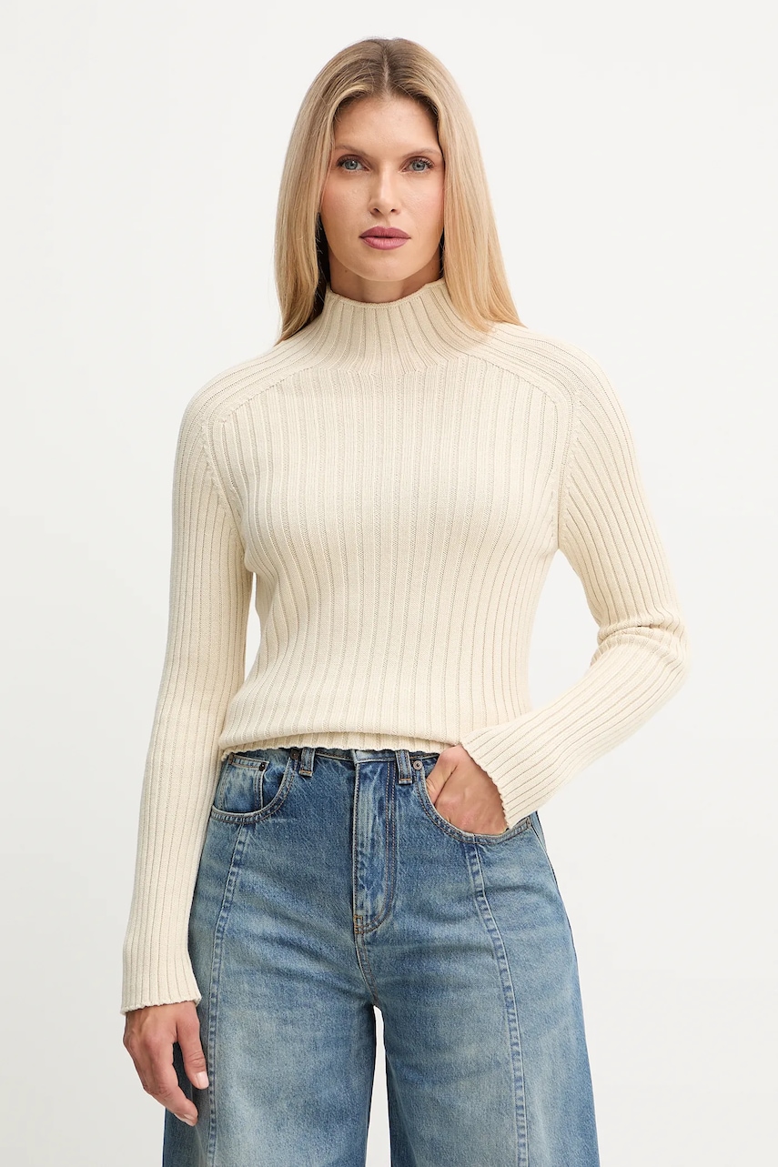 Marc O'Polo pulover de bumbac culoarea bej, cu turtleneck, 509605960173