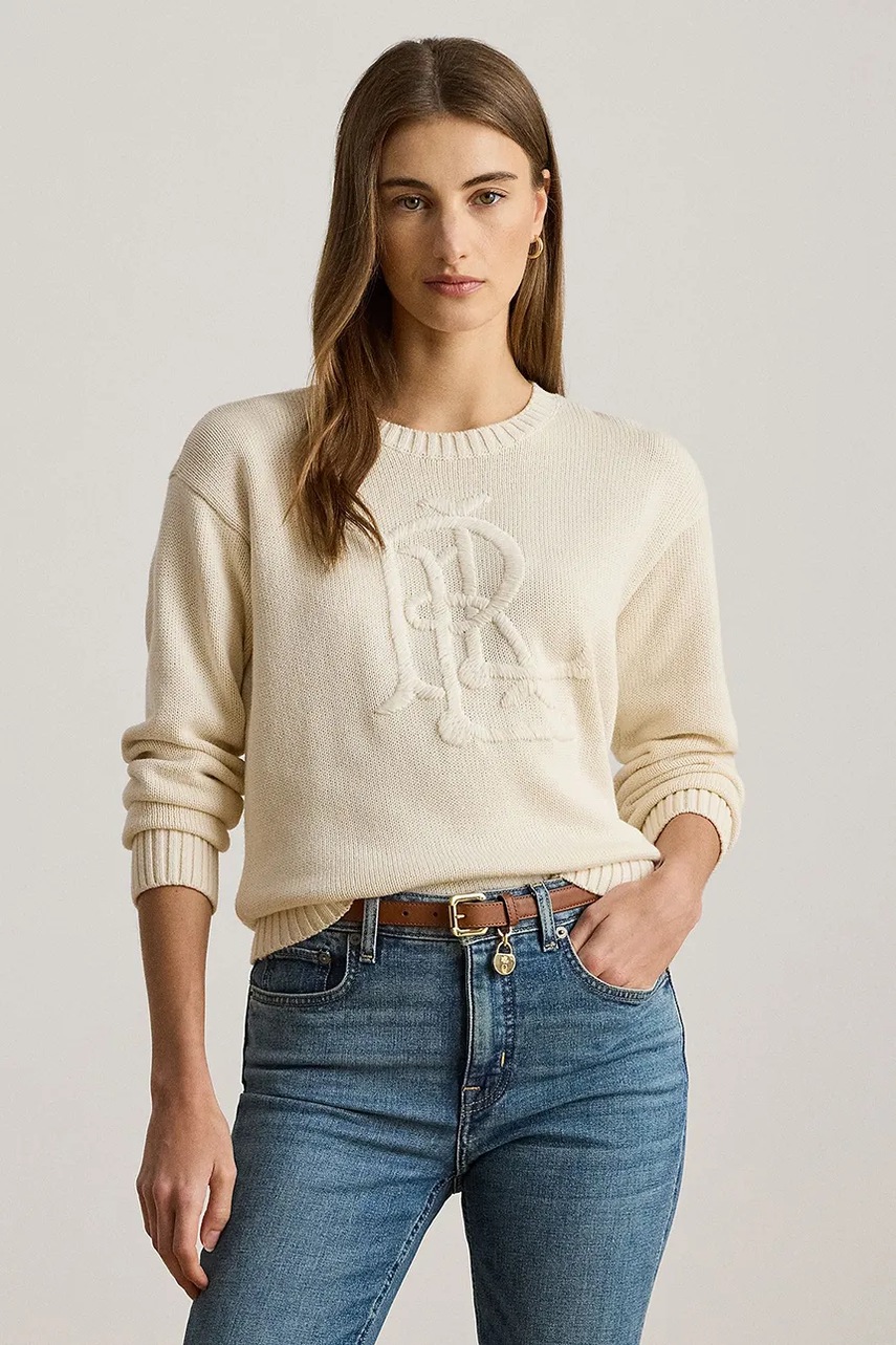 Levně Bavlněný svetr Lauren Ralph Lauren dámský, béžová barva, 200979653