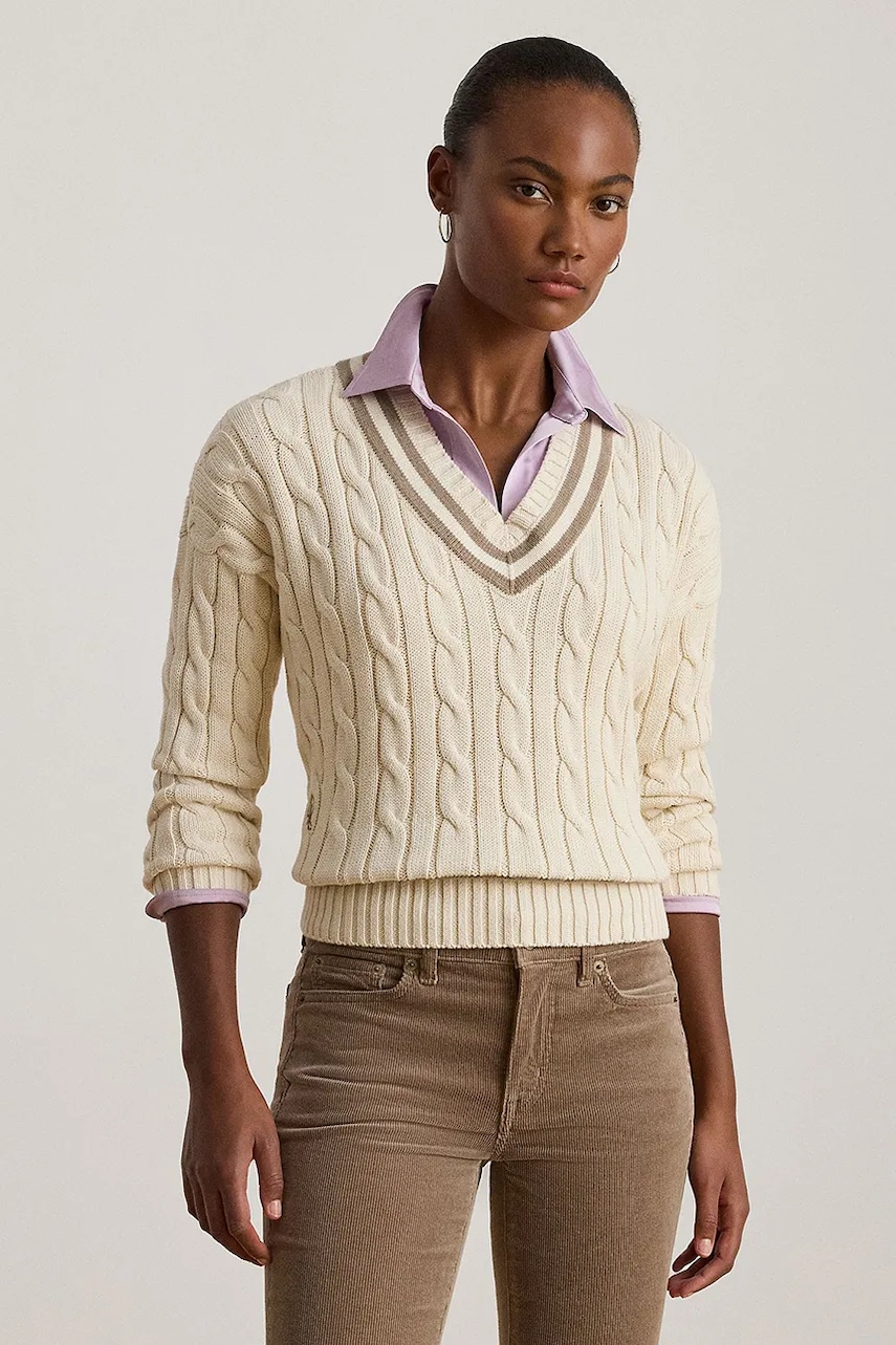 Bavlněný svetr Lauren Ralph Lauren dámský, béžová barva, 200979662