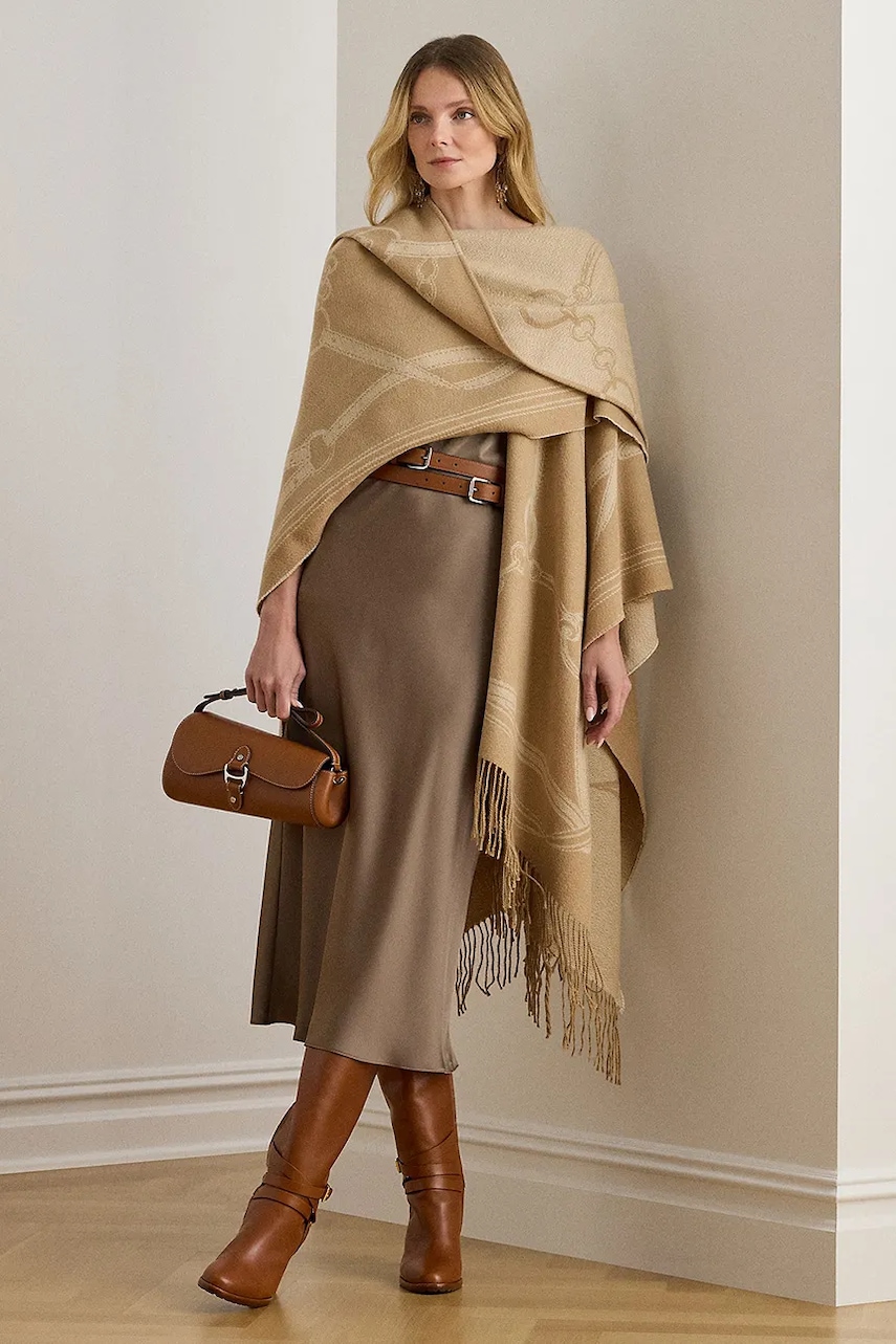 Levně Pončo s příměsí vlny Lauren Ralph Lauren béžová barva, 454P04529