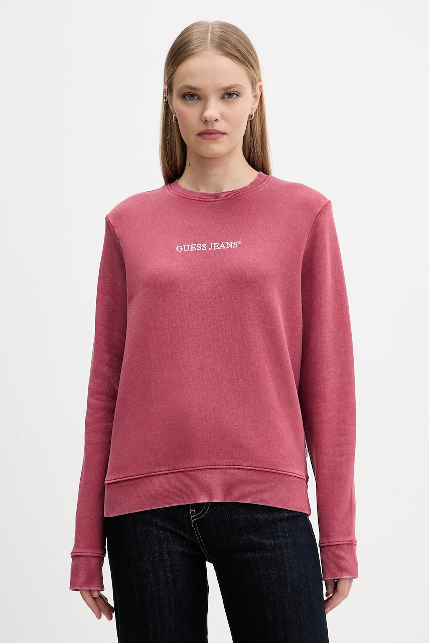 Levně Bavlněná mikina Guess Jeans dámská, růžová barva, hladká, W5BQ17 KCPR1