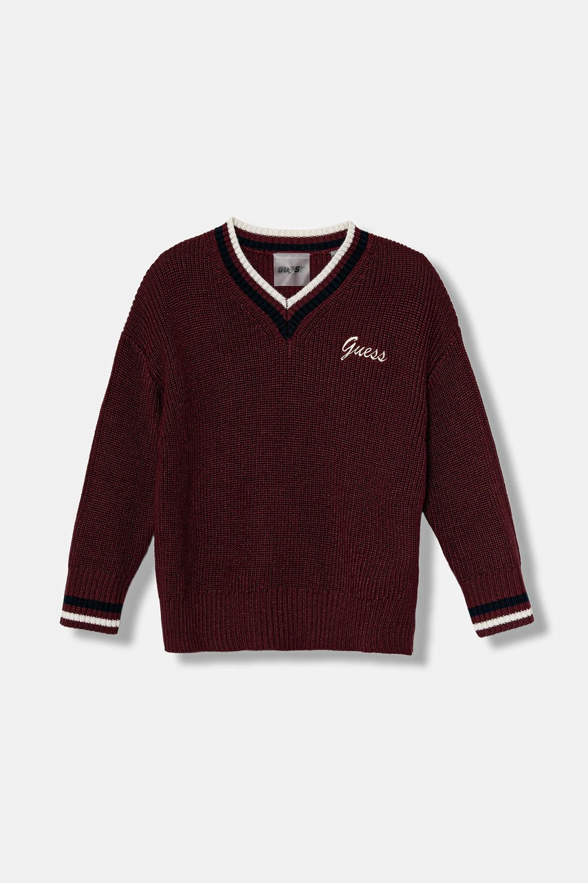 Levně Dětský svetr s příměsí vlny Guess vínová barva, J5BR23 Z1152