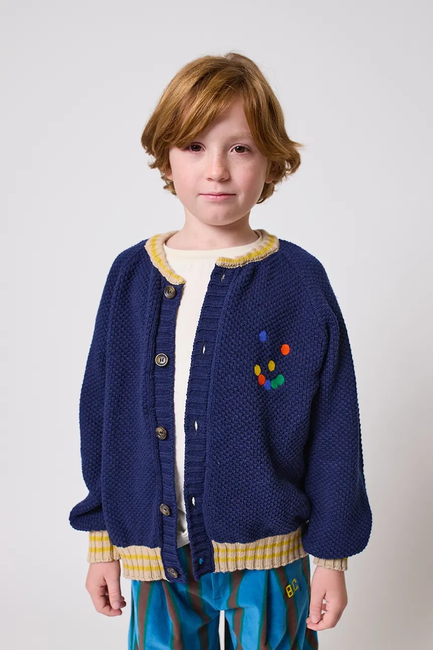 Bobo Choses cardigan de lână pentru copii Fun Face culoarea bleumarin, 225FC014