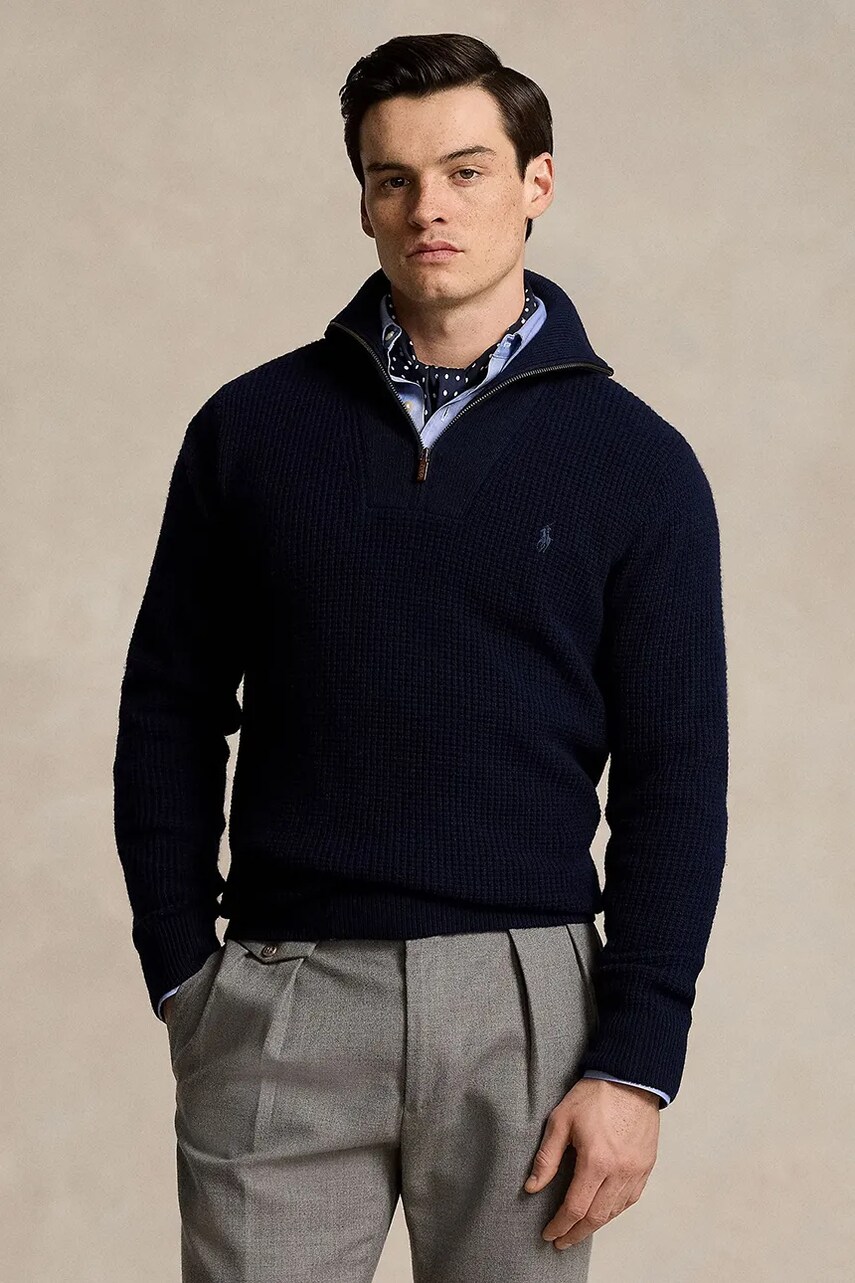 Levně Vlněný svetr Polo Ralph Lauren pánský, tmavomodrá barva, s pologolfem, 710941101