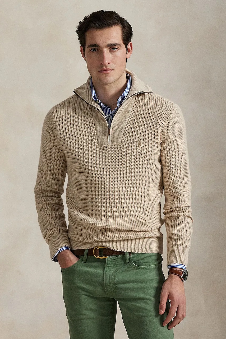Levně Vlněný svetr Polo Ralph Lauren pánský, béžová barva, s pologolfem, 710941101