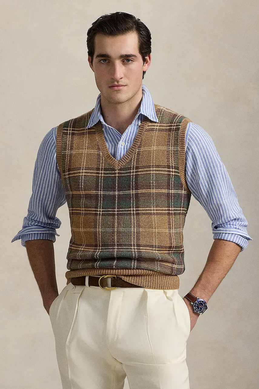 Levně Vlněná vesta Polo Ralph Lauren pánská, béžová barva, 710970654