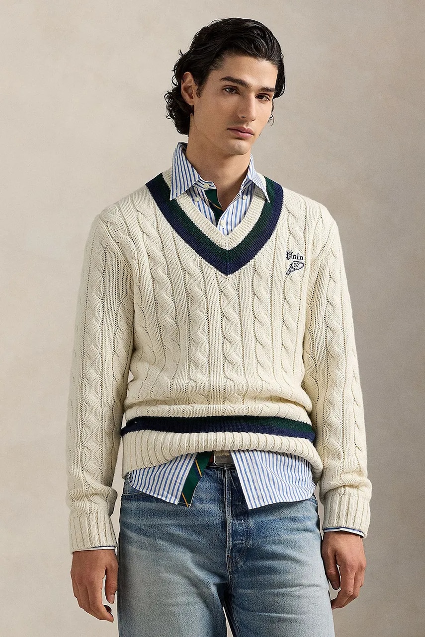 Levně Svetr s příměsí kašmíru Polo Ralph Lauren pánský, béžová barva, 710970656