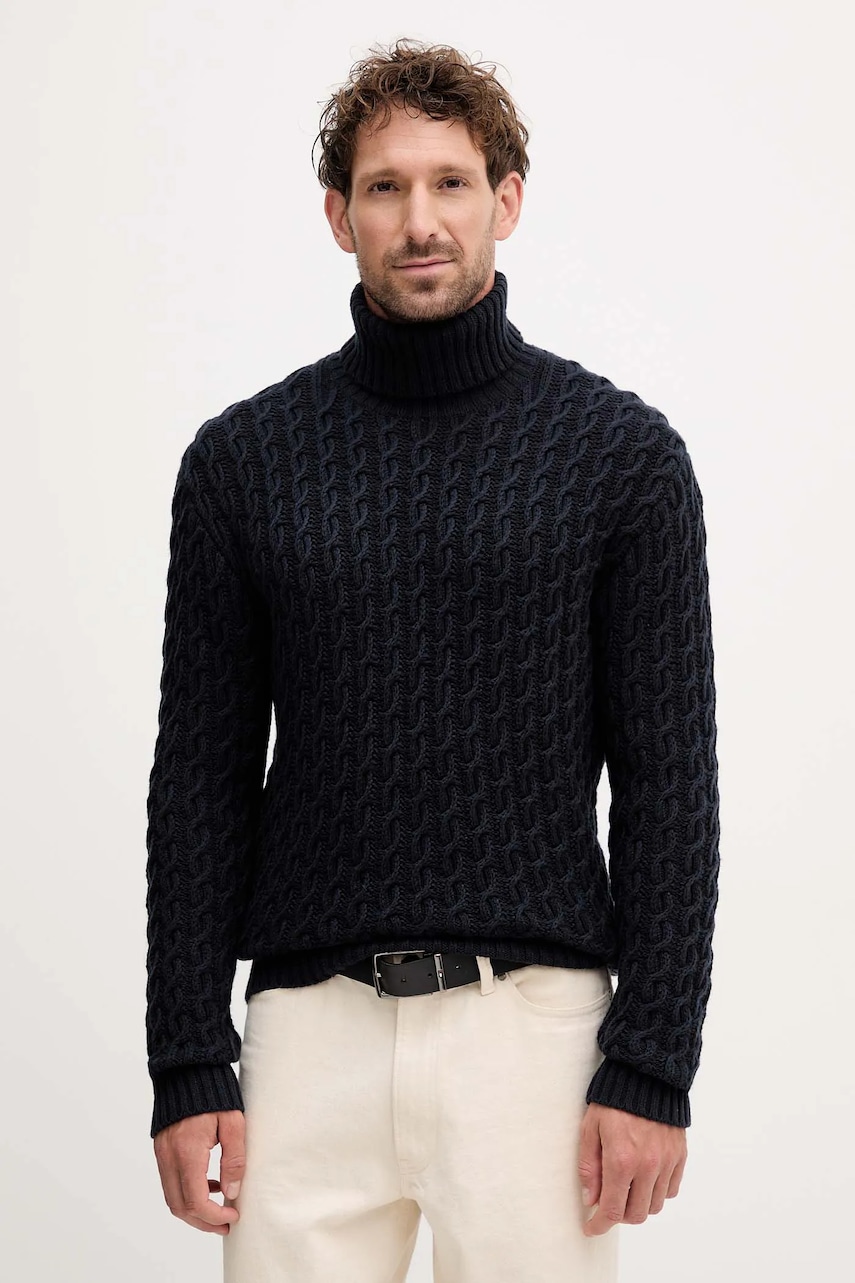 Levně Vlněný svetr BOSS BECKHAM X BOSS pánský, tmavomodrá barva, s golfem, 50554338