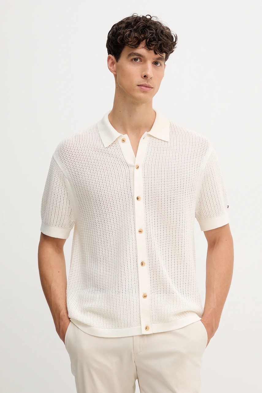 Levně Bavlněná košile Tommy Hilfiger pánská, béžová barva, relaxed, s klasickým límcem, MW0MW39530