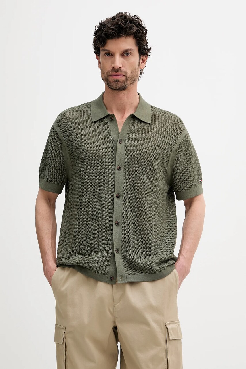 Levně Bavlněná košile Tommy Hilfiger pánská, zelená barva, relaxed, s klasickým límcem, MW0MW39530