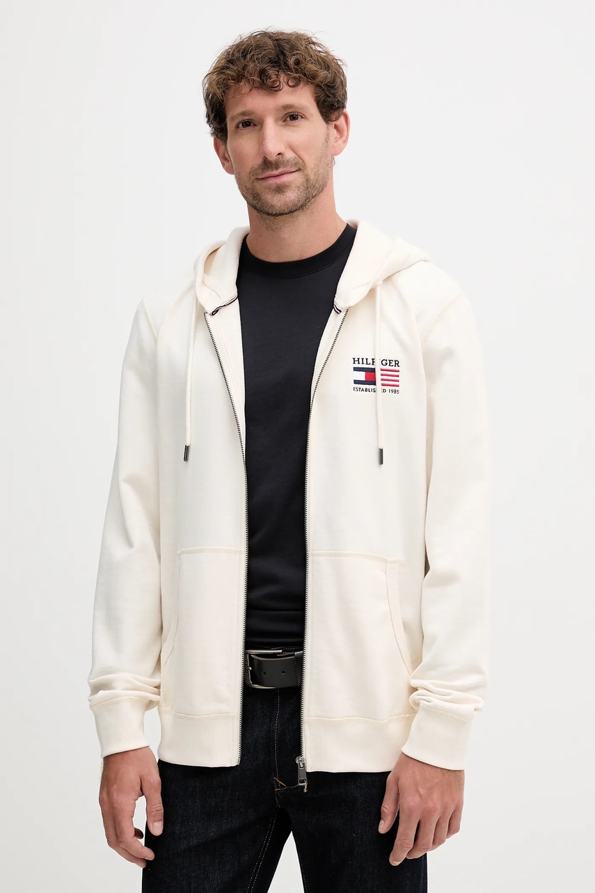 Levně Bavlněná mikina Tommy Hilfiger pánská, béžová barva, s kapucí, hladká, MW0MW39691