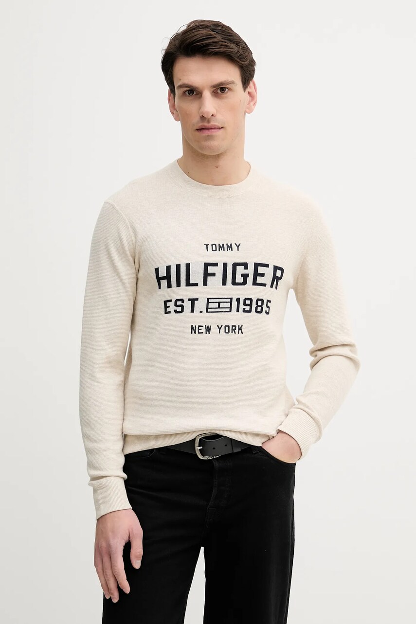 Levně Bavlněný svetr Tommy Hilfiger pánský, béžová barva, MW0MW39533