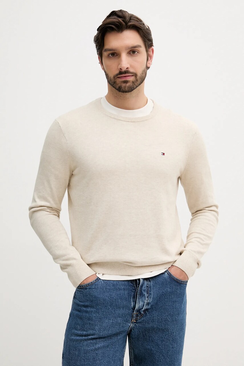 Levně Bavlněný svetr Tommy Hilfiger pánský, béžová barva, MW0MW39999