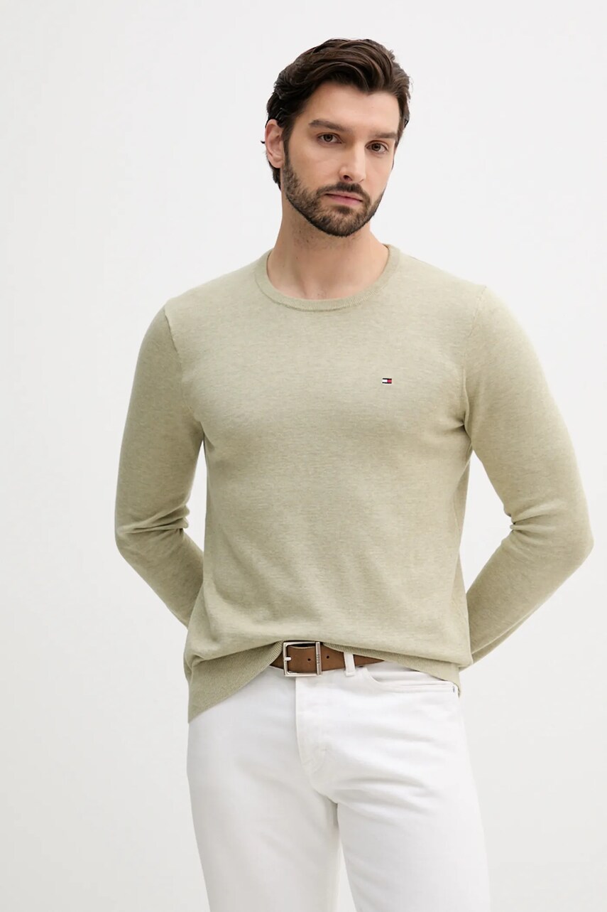 Levně Bavlněný svetr Tommy Hilfiger pánský, zelená barva, MW0MW39999