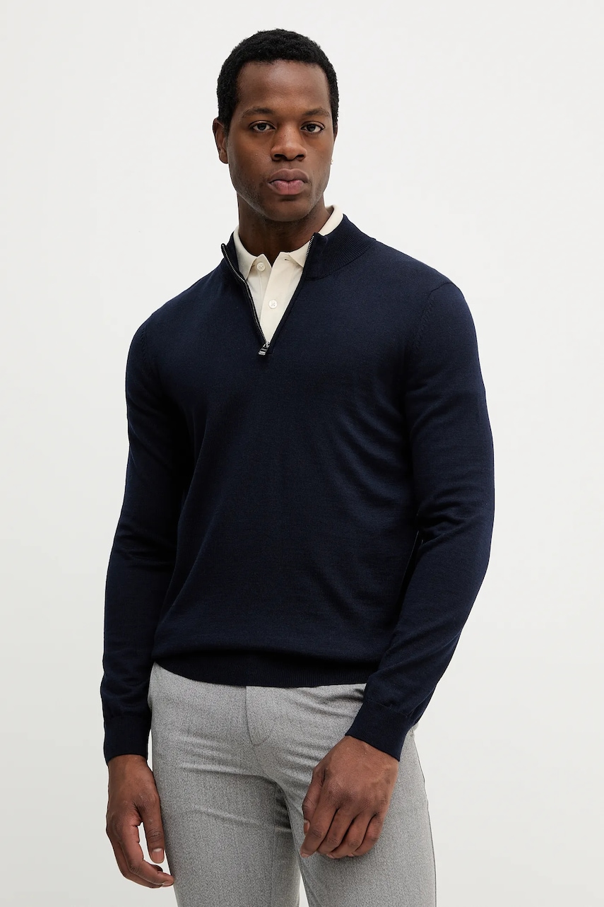 BOSS pulover de lână culoarea bleumarin, light, cu turtleneck, 50528300