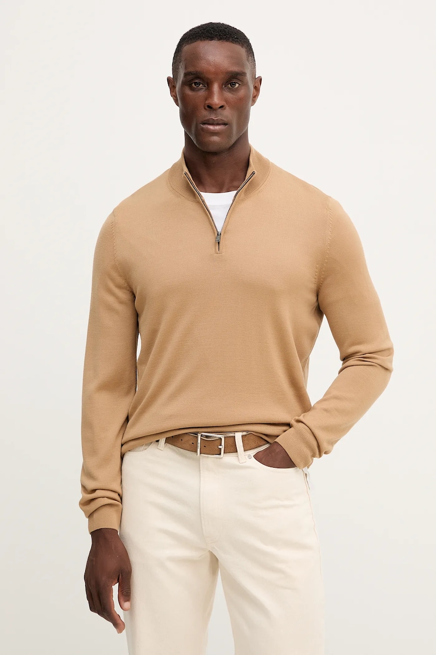 BOSS pulover de lână culoarea bej, light, cu turtleneck, 50528300
