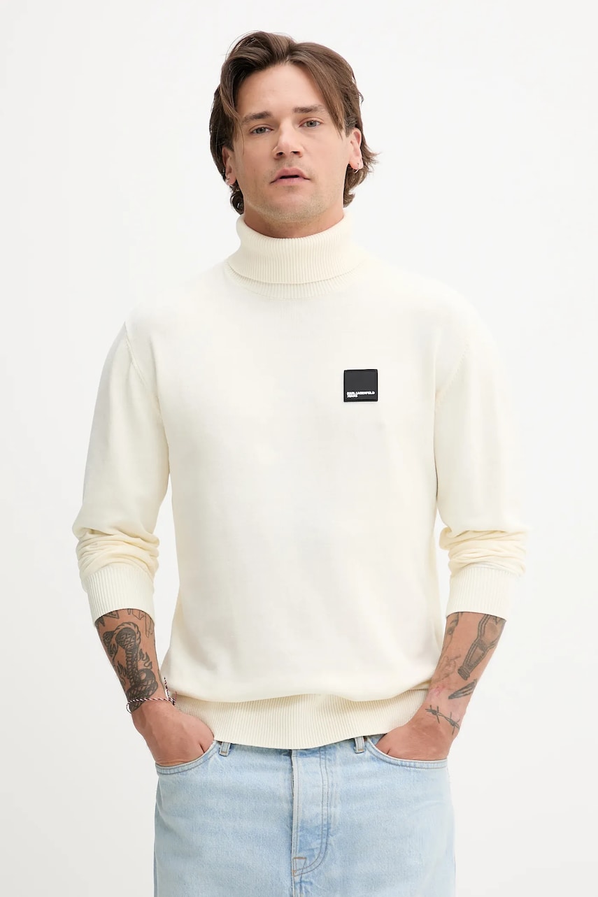 Karl Lagerfeld Jeans pulover de bumbac culoarea bej, light, cu guler, A3M18001