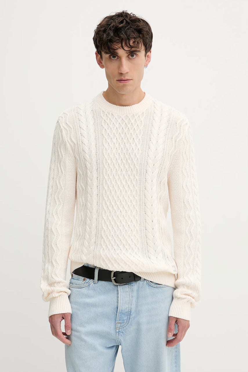 Levně Bavlněný svetr Tommy Jeans pánský, béžová barva, DM0DM22101