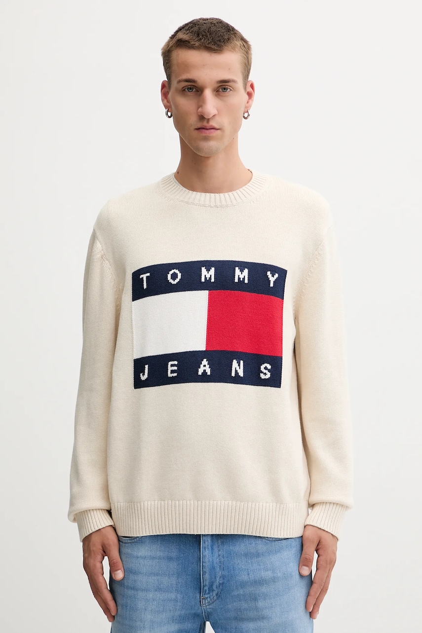 Tommy Jeans pulover de bumbac culoarea bej, light, DM0DM22105
