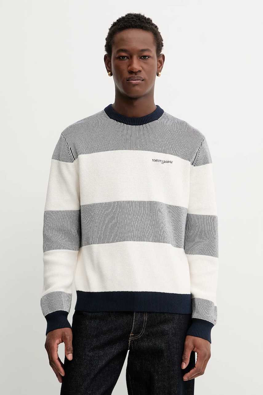 Levně Bavlněný svetr Tommy Jeans pánský, tmavomodrá barva, DM0DM22110