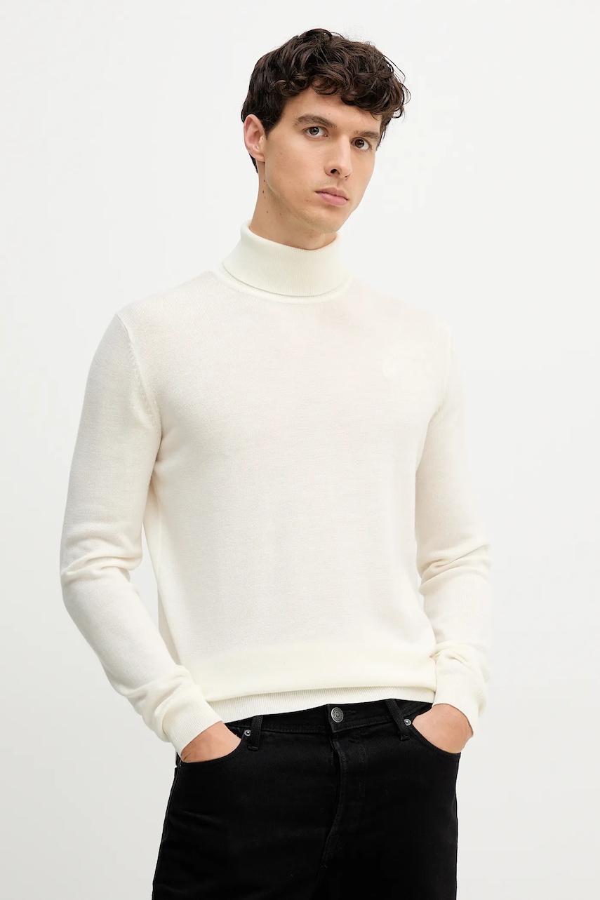 Karl Lagerfeld pulover de lână culoarea bej, light, cu guler, 554399.655058